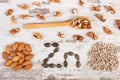 Products and ingredients containing zinc and dietary fiber, healthy nutrition Royalty Free Stock Photo