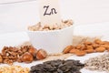 Products and ingredients containing zinc and dietary fiber, healthy nutrition Royalty Free Stock Photo