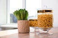 Products in modern kitchen glass containers on table Royalty Free Stock Photo