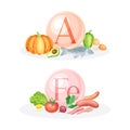 Products ontaining Vitamin A and Ferum with Fish, Meat and Vegetables Vector Composition Set