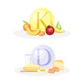 Products ontaining Vitamin K and D with Fruit and Dairy Food Vector Composition Set