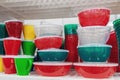 The products of plastic ware, subjects of care of plants on display in a supermarket. Replacement of disposable tableware