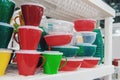 The products of plastic ware, subjects of care of plants on display in a supermarket. Replacement of disposable tableware