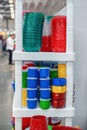 The products of plastic ware, subjects of care of plants on display in a supermarket. Replacement of disposable tableware