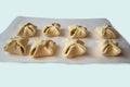 Products from raw dough with apples lie on parchment paper. Cookies, puffs or nooks are ready for baking. Homemade pastries. Side