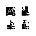 Products refill black glyph icons set on white space