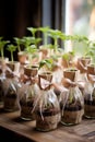 products and souvenirs from seed starter kits, with ribbon and label