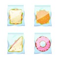 Products vending. Snack plastic package. Fast food packs. Biscuit and sandwich for selling machine. Hamburger or donut