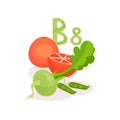 Products with vitamin B8 inositol . Green peas, radish and juicy grapefruit. Organic and healthy food. Flat vector