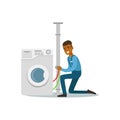 Profesional plumber man character installing washing machine, plumbing work vector Illustration