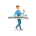 Profesional plumber man character walking with pipes and monkey wrench, plumbing work vector Illustration