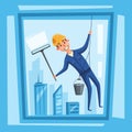 Profesional worker cleaning windows. Cartoon vector illustration