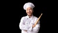 Excited Baker Holding Rolling Pin Posing Over Black Background, Panorama Royalty Free Stock Photo