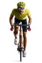 Professinal road bicycle racer isolated in motion on white