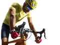 Professinal road bicycle racer isolated in motion on white Royalty Free Stock Photo