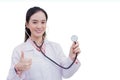 Profession Asian young woman doctor who wears medical uniform is showing hand as thump up isolated on white background