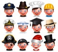 Profession avatar set of happy emoticon heads with different hats