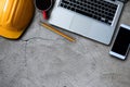 Profession concept with architect desk and tools on a wooden table. top view mock-up Royalty Free Stock Photo