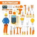 Profession Electrician Icons Set with Voltmeter and Tools Royalty Free Stock Photo