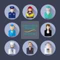 Profession flat avatars with shadows vector set. Various professions icon set. Royalty Free Stock Photo