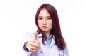 Profession healthcare people and medicine concept. Beautiful portrait friendly asian female doctor or nurse smiling and showing