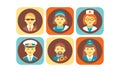 Profession icons set, bodyguard, nurse, doctor, pilot, stewardess, photographer working people vector Illustration on a