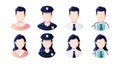 Profession, occupation people avatars set isolated. Policeman, doctor, office worker. Profile picture icons. Male and female faces