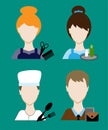 Profession people cook, hairdresser, teacher, waiter a businessman, secretary. Face men uniform. Avatars in flat design.