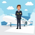 Profession pilot aircraft man uniform standing front plane