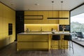 Professional advertisinggraphy featuring a sleek yellow themed minimalist kitchen