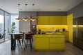 Professional advertisinggraphy featuring a sleek yellow themed minimalist kitchen