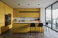 Professional advertisinggraphy featuring a sleek yellow themed minimalist kitchen