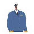 A professional African American airplane pilot stands confidently in his eyes and pilot`s hat. Royalty Free Stock Photo