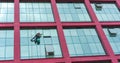 Professional alpinist silhouette washes skyscraper windows