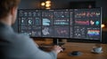 Professional analyzing complex data visualizations and charts on a multi panel computer screen at night Royalty Free Stock Photo