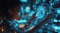 Professional analyzing massive data streams with a glowing AI system, surrounded by futuristic technology visuals in blue and Royalty Free Stock Photo