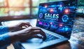 Professional Analyzing Sales Performance Metrics Using a Digital Interface with Graphs and Data Icons on a Laptop