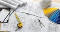 Architectural Blueprints and Design Tools on Table Royalty Free Stock Photo