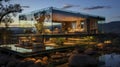 Professional architectural photography of an addition of a modern full glass pavilion. Generative AI