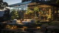 Professional architectural photography of an addition of a modern full glass pavilion. Generative AI