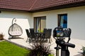 Shooting house exterior, photographer camera, tripod and ballhead Royalty Free Stock Photo