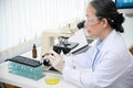 A professional asian-aged female scientist examining a virus specimen under a microscope Royalty Free Stock Photo