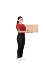 Professional asian courier woman delivering package