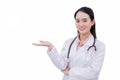 Professional Asian woman doctor wears medical coat while standing confidently smiling and shows her hand to present something Royalty Free Stock Photo