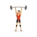 Professional athlete holding barbell above his head. Strong man character in red lifter suit. Weightlifting, Competition Royalty Free Stock Photo