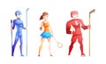 Professional Athletes Doing Sports Set, Male Skier, Hockey Player, Girl Tennis Player Cartoon Vector Illustration