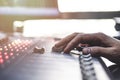 Professional audio mixing console with faders and adjusting knobs - radio Royalty Free Stock Photo