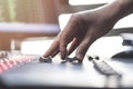 Professional audio mixing console with faders and adjusting knobs - radio Royalty Free Stock Photo