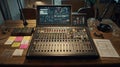 Professional Audio Mixing Desk with Tools and Notes on Vintage Table Royalty Free Stock Photo