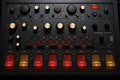 Professional audio studio sound mixer console board panel with recording , faders and adjusting knobs, TV, audio, music